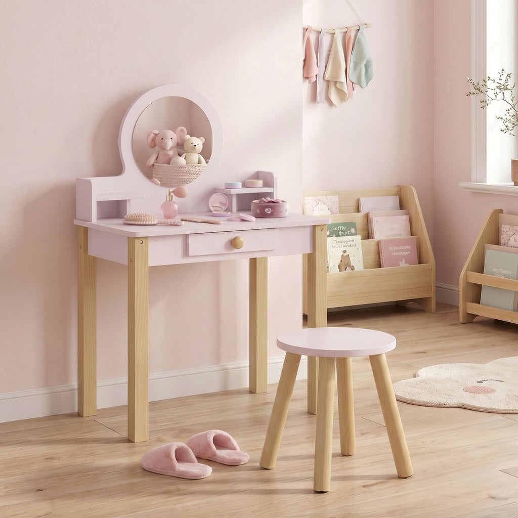 Coiffeuse enfant en bois avec miroir et tabouret, table de maquillage enfant avec tiroir et étagère, 3 à 6 ans, rose-7