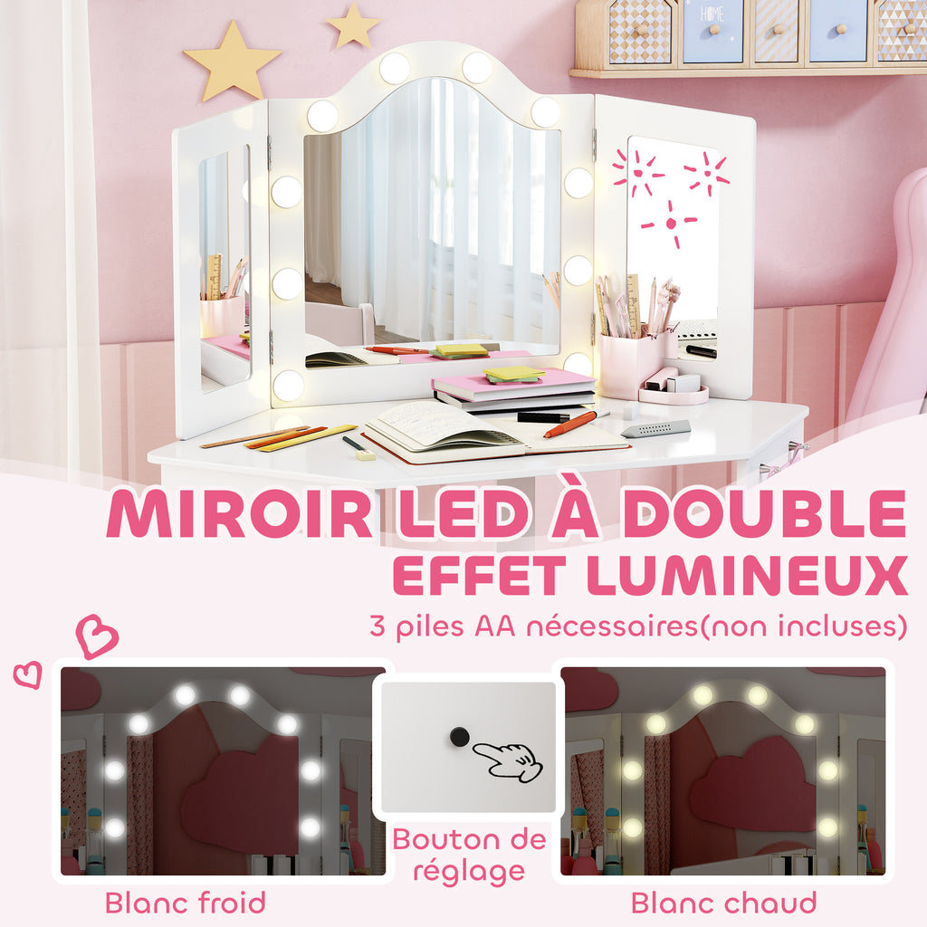 Coiffeuse enfant 2 en 1 avec tabouret miroir triptyque et lumières LED bicolores  93,6 x 48,5 x 111,5 cm blanc-4