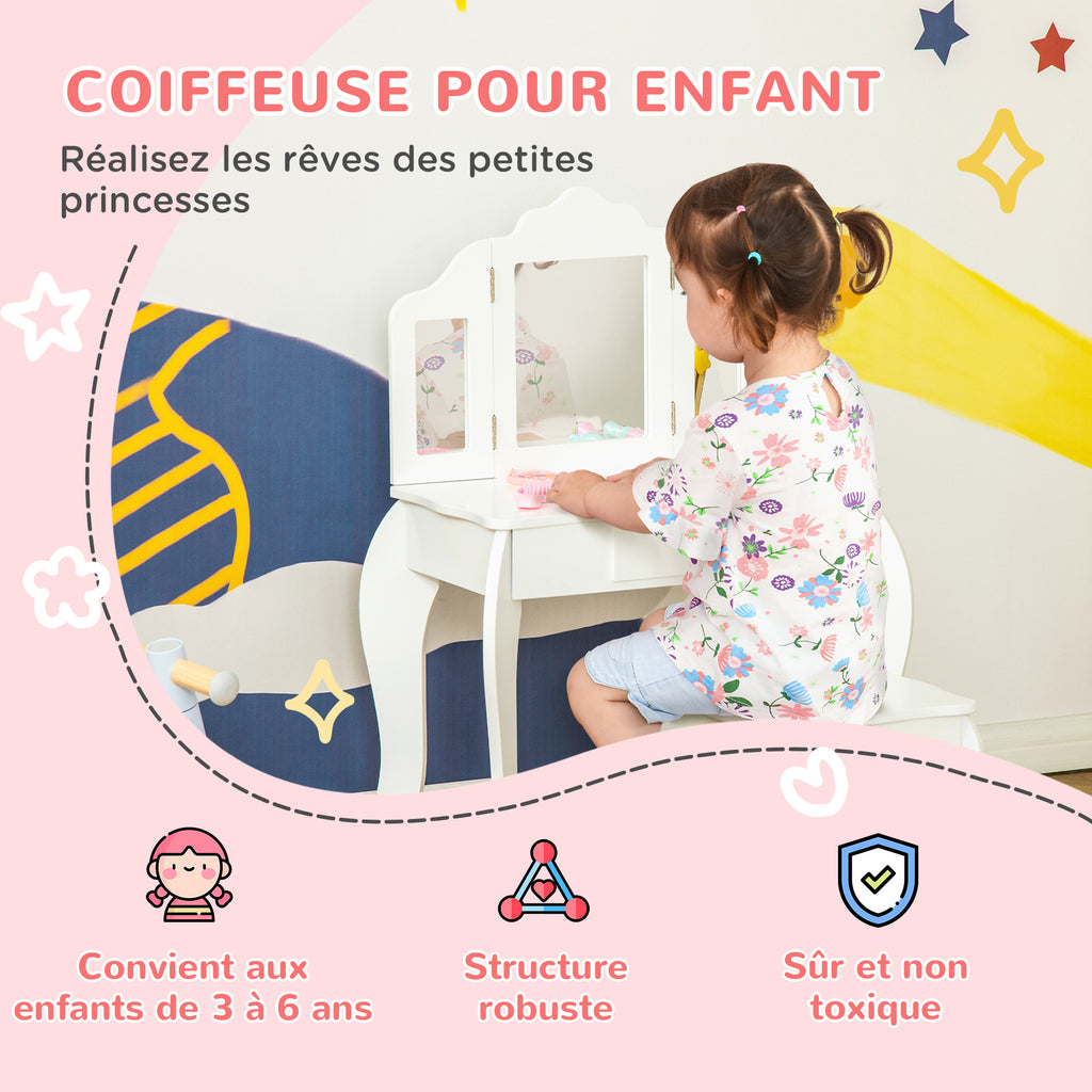 Coiffeuse Enfant avec Tabouret, Coiffeuse Bureau 2 en 1 Miroir triptyque et tiroir Coulissant Blanc Acrylique-3