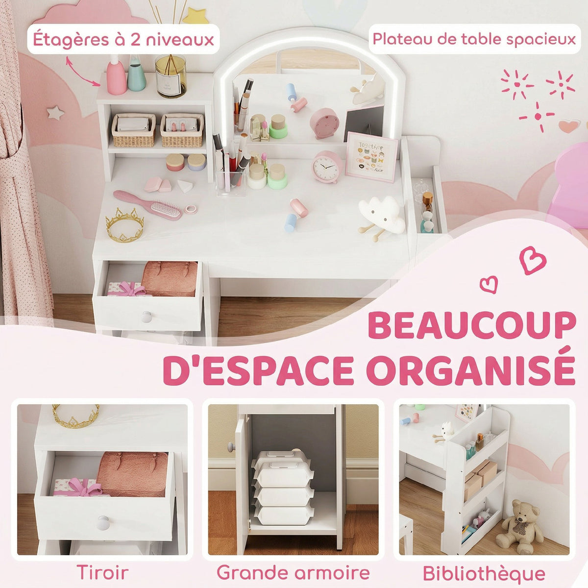 Coiffeuse pour enfants avec tabouret et miroir LED, table de maquillage pour 3 à 8 ans, 88,6 x 38,8 x 96,9 cm, blanc-5