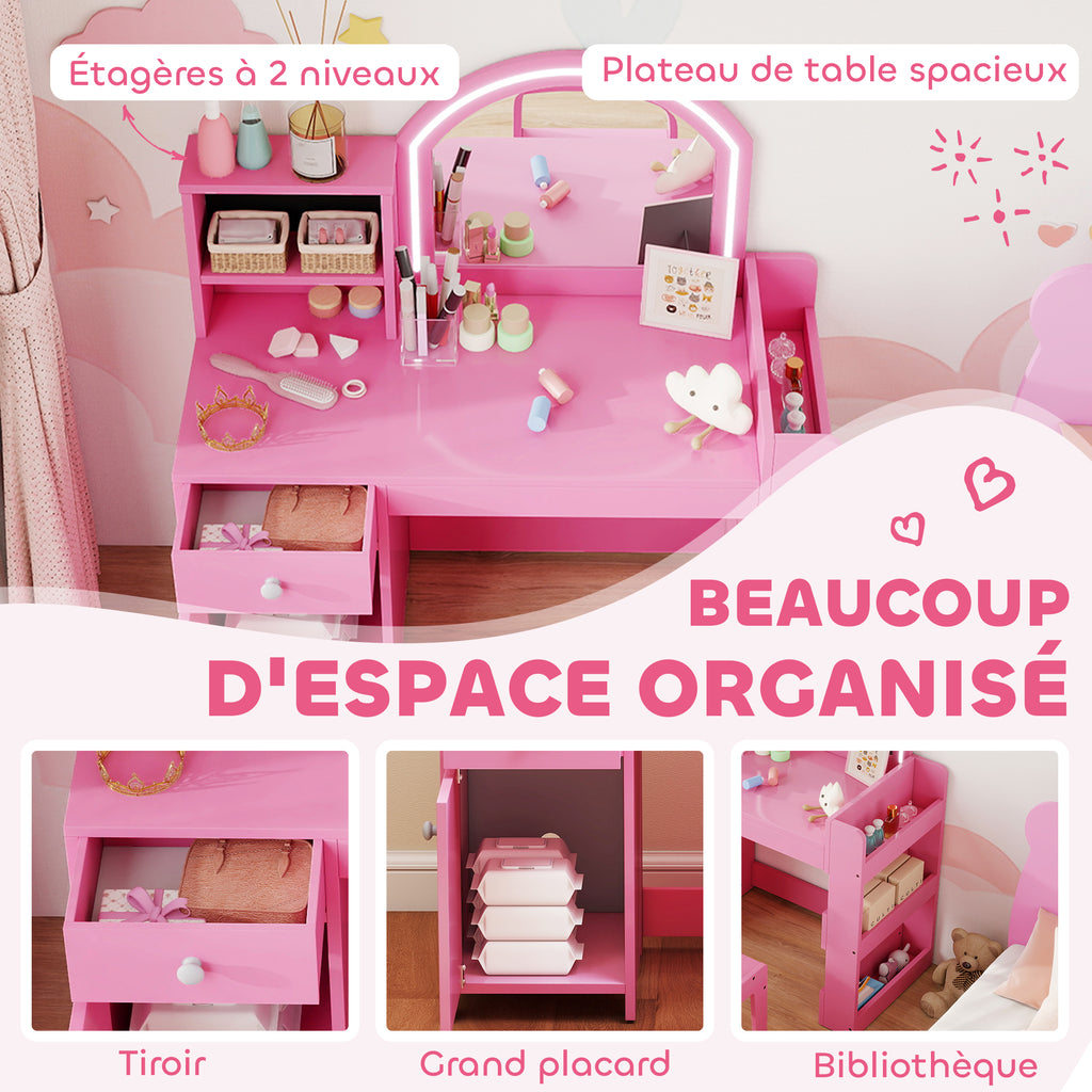 Coiffeuse pour enfants avec tabouret et miroir LED, table de maquillage pour 3 à 8 ans, 88,6 x 38,8 x 96,9 cm, rose-5