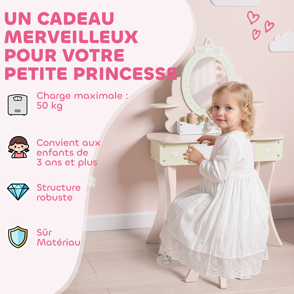 Coiffeuse enfant fille table de maquillage 2 en 1 avec 7 accessoires de jeu miroir en acrylique 59,8x29,6x89,8cm rose-7