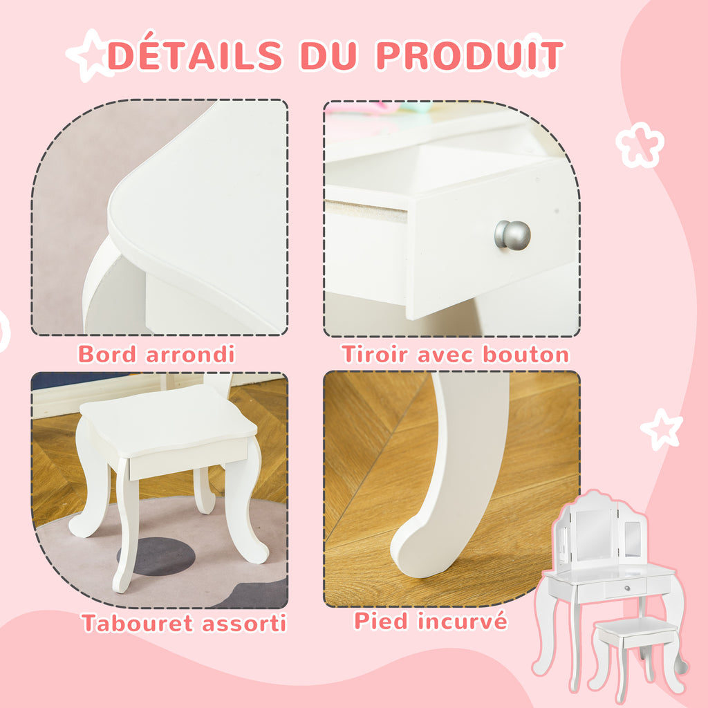 Coiffeuse Enfant avec Tabouret, Coiffeuse Bureau 2 en 1 Miroir triptyque et tiroir Coulissant Blanc Acrylique-4