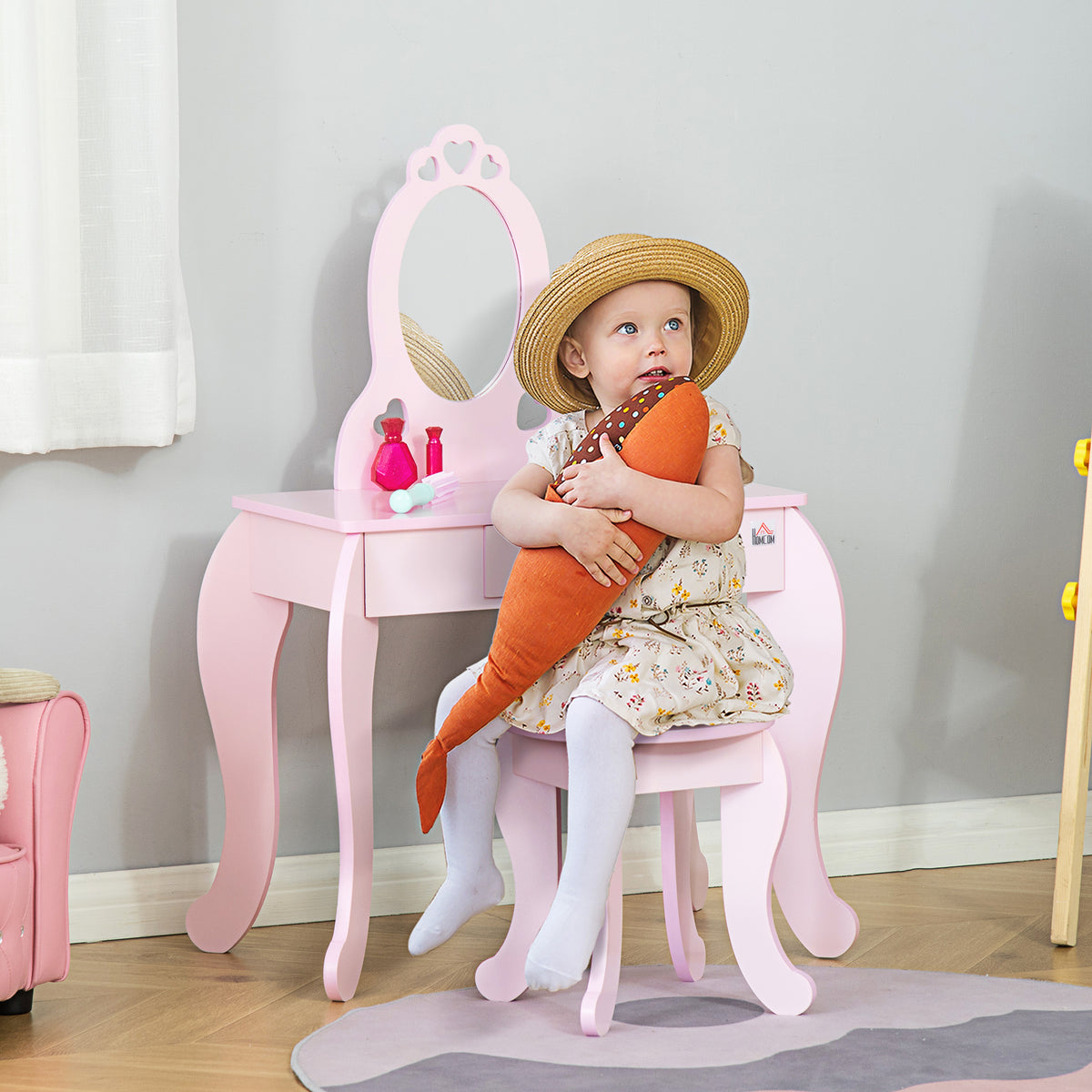 Coiffeuse Enfant Design Girly avec Motifs à Coeur - Tabouret Inclus - dim. 60L x 36l x 88H cm - tiroir, Miroir - MDF - Rose-1