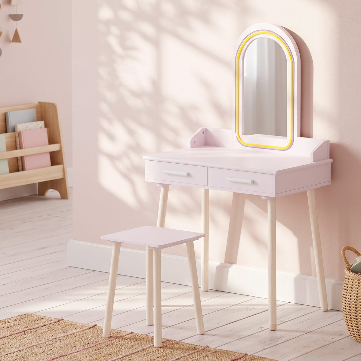 Coiffeuse Enfant en Bois avec Miroir LED 3 Couleurs, Tabouret, Tiroir et Plateau Spacieux, 60x36x100cm, 3 à 8 Ans, Rose-1