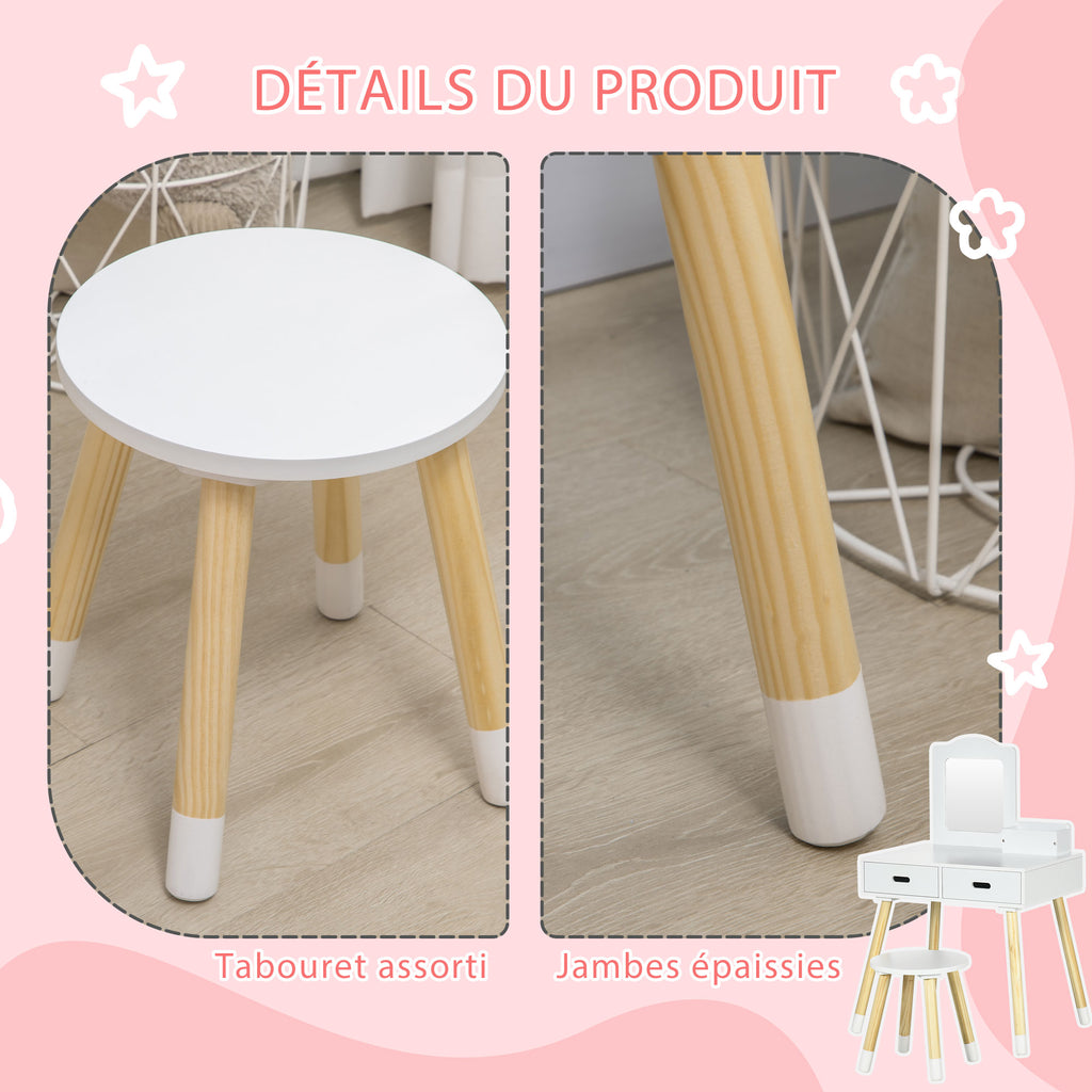 Coiffeuse enfant table de maquillage avec tabouret miroir et 2 tiroirs 3 à 6 ans 60 x 40 x 95 cm blanc et bois-5