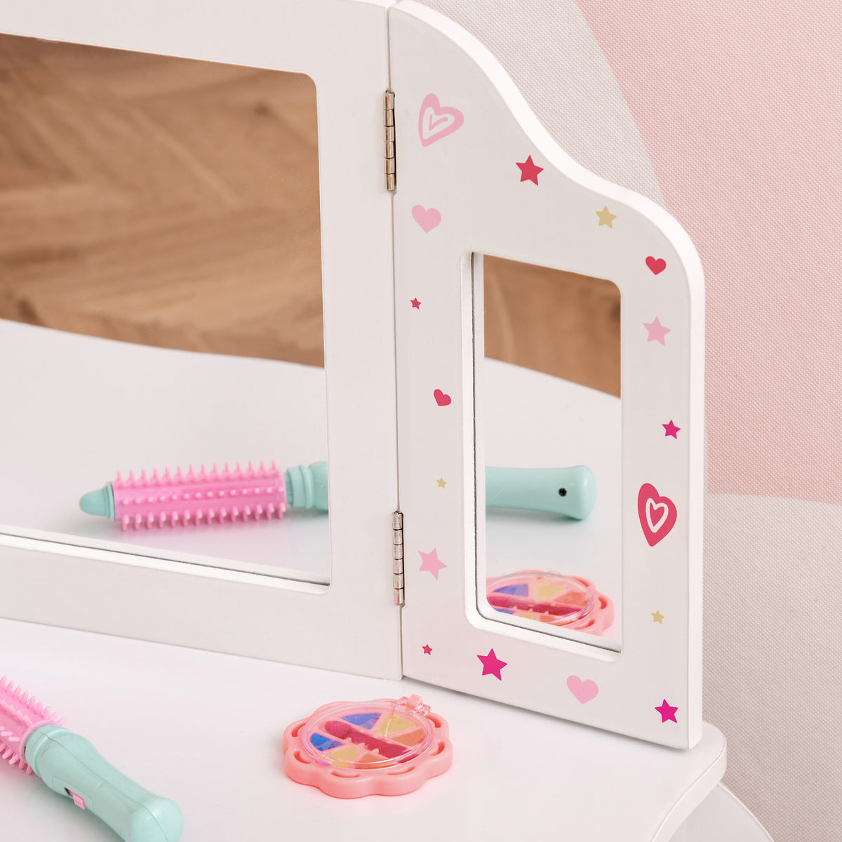 Coiffeuse Enfant avec Tabouret, Miroir triptyque et tiroir Coulissant - Coiffeuse dim. 63L x 40l x 85,5H cm-7