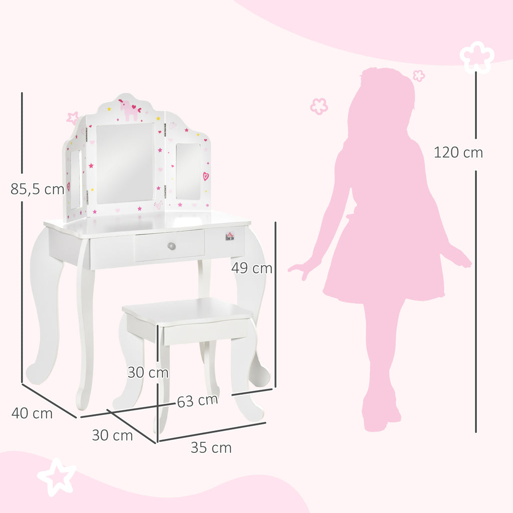 Coiffeuse Enfant avec Tabouret, Miroir triptyque et tiroir Coulissant - Coiffeuse dim. 63L x 40l x 85,5H cm-2