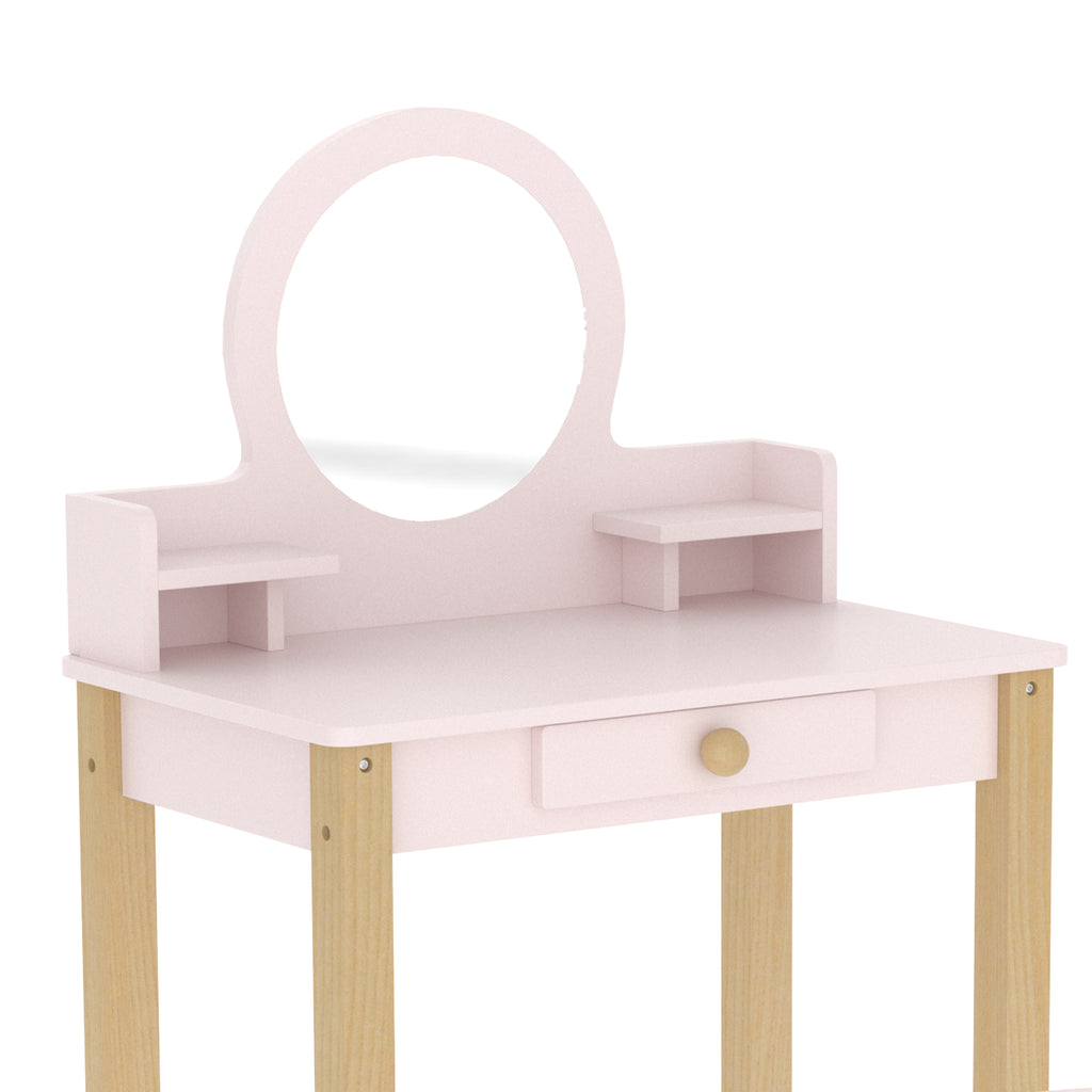 Coiffeuse enfant en bois avec miroir et tabouret, table de maquillage enfant avec tiroir et étagère, 3 à 6 ans, rose-9