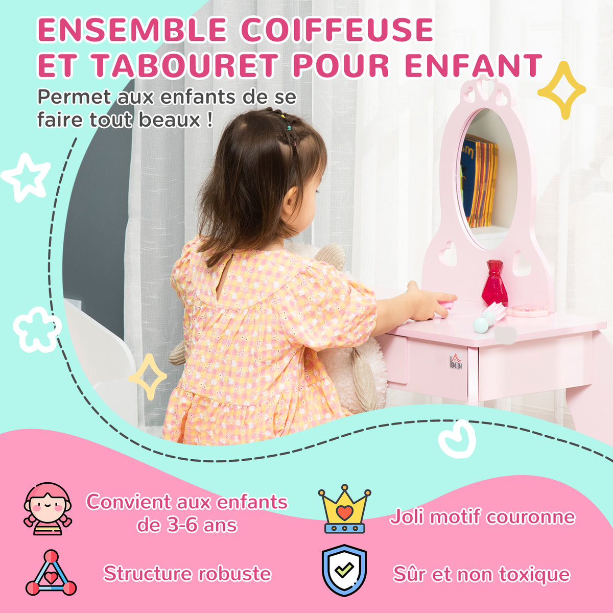 Coiffeuse Enfant Design Girly avec Motifs à Coeur - Tabouret Inclus - dim. 60L x 36l x 88H cm - tiroir, Miroir - MDF - Rose-3